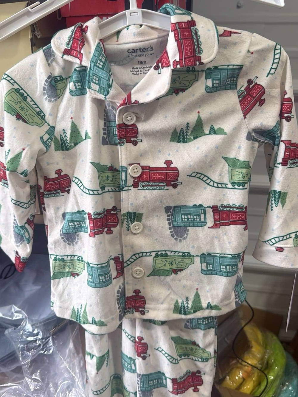 Carter's Cream Pajama Set with Red & Green Train Print